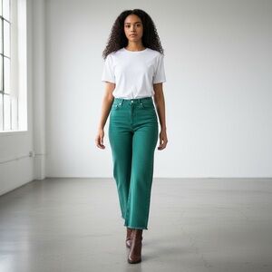 ZARA High Rise Wide Leg Jeans Long Raw Hem Green